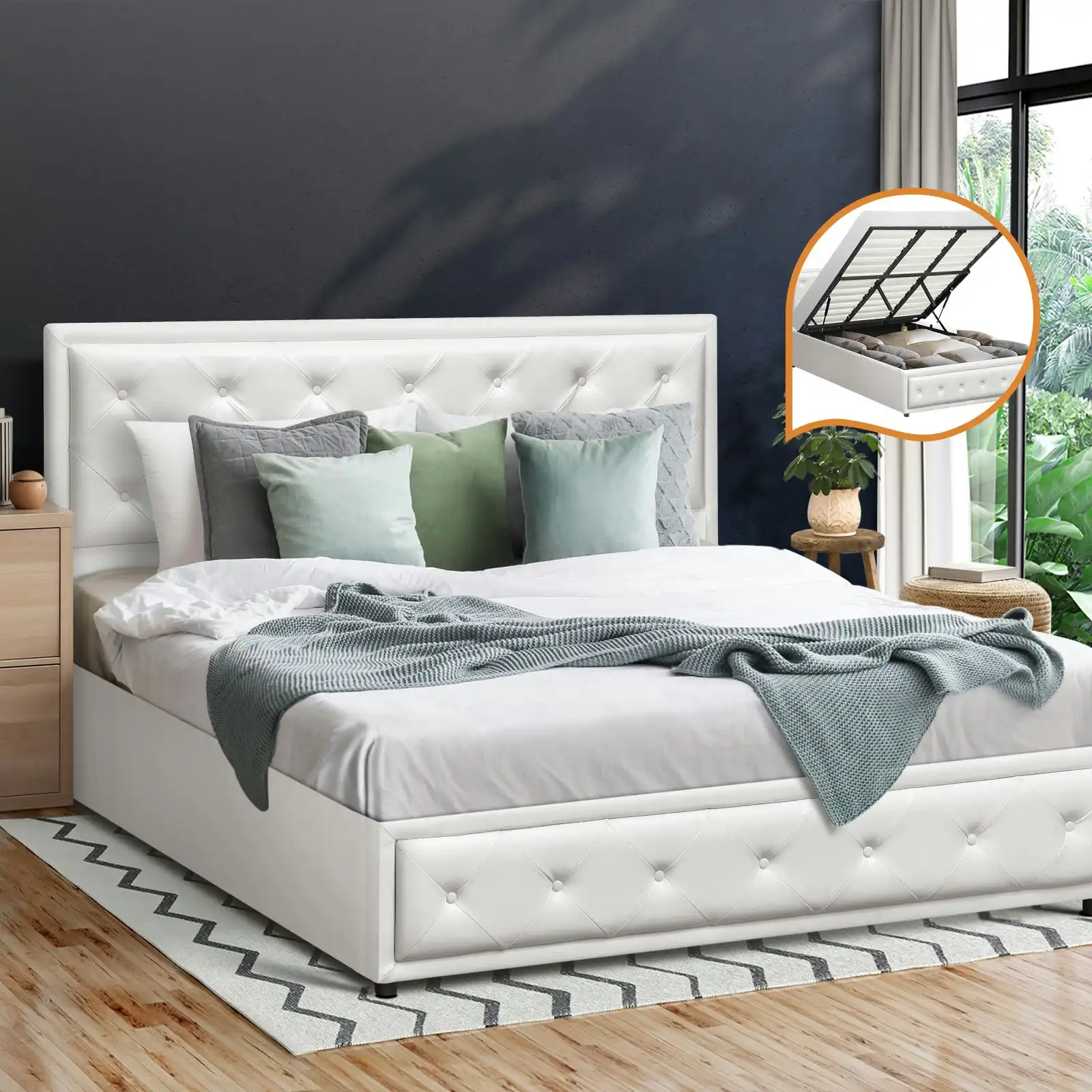 Oikiture Bed Frame King Size Gas Lift Base With Storage White Leather