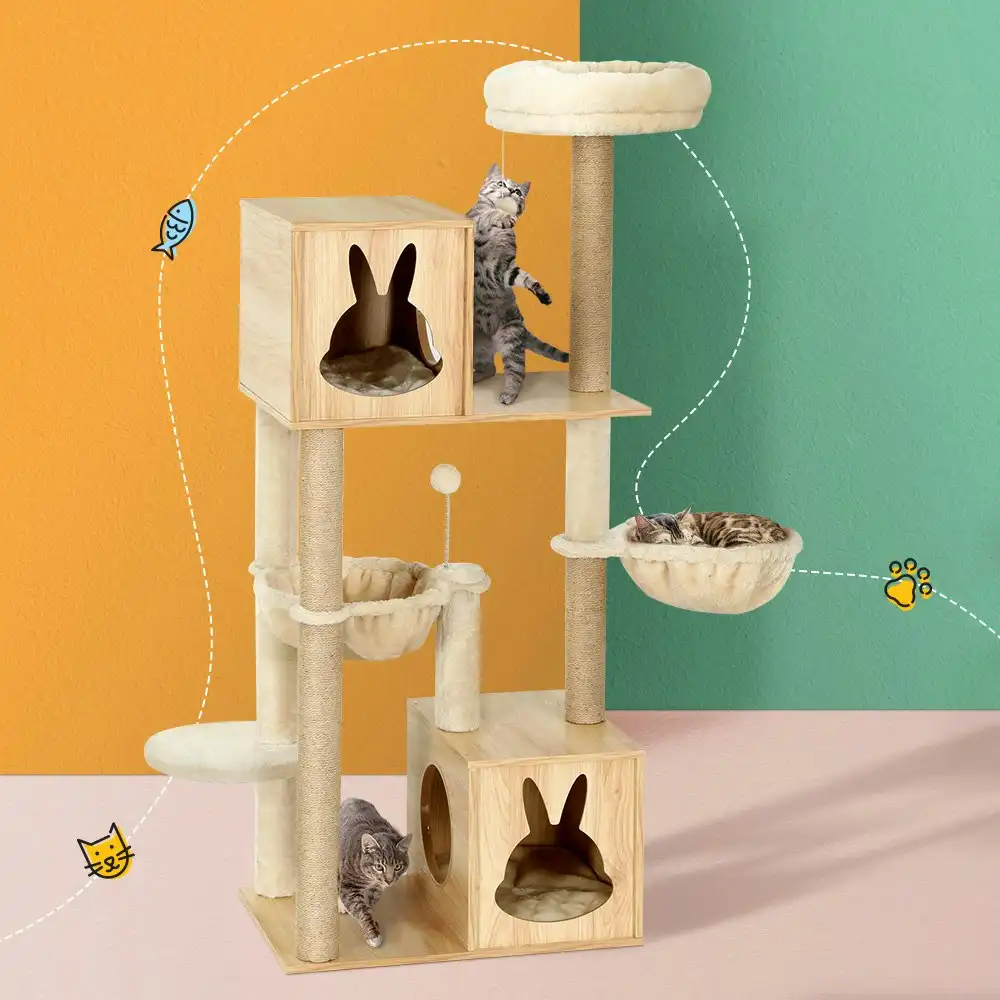 i.Pet Cat Tree 141cm Tower Scratching Post Scratcher Wood Bed Condo Toys House Ladder