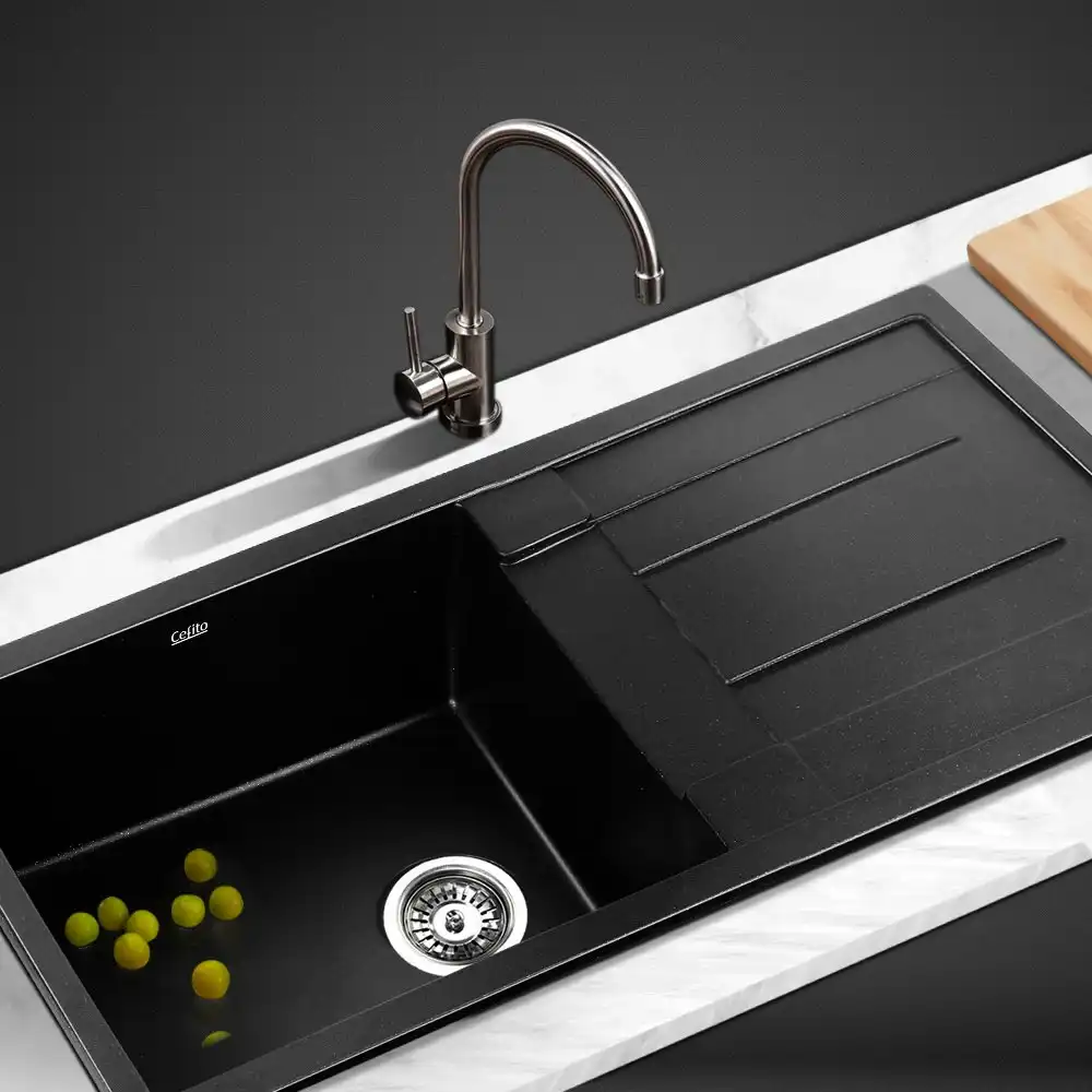 Cefito Granite Kitchen Sink 86X50CM Stone Kitchen Sinks in Black